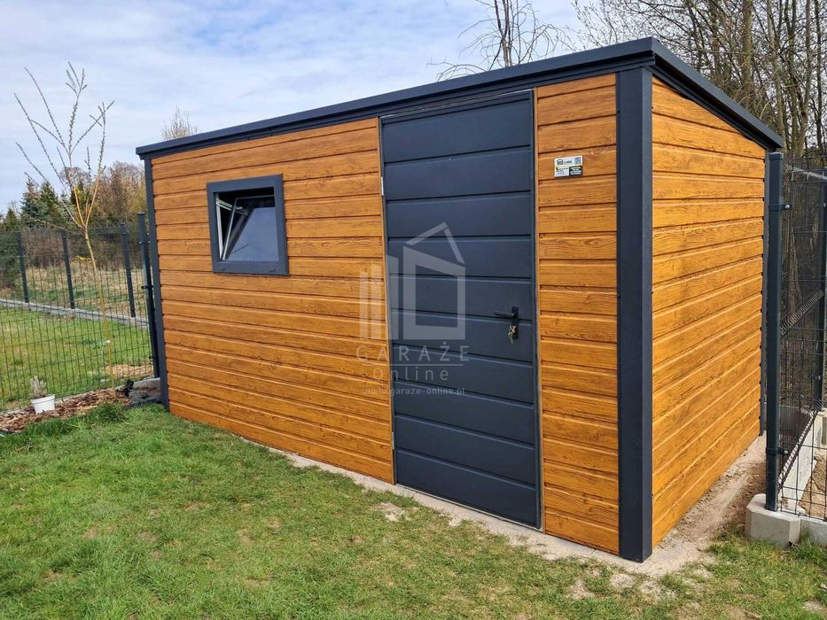 Schowek - domek ogrodowy 4x2m - dzwi - okno drewnopodobny dach spad w tył ID1021