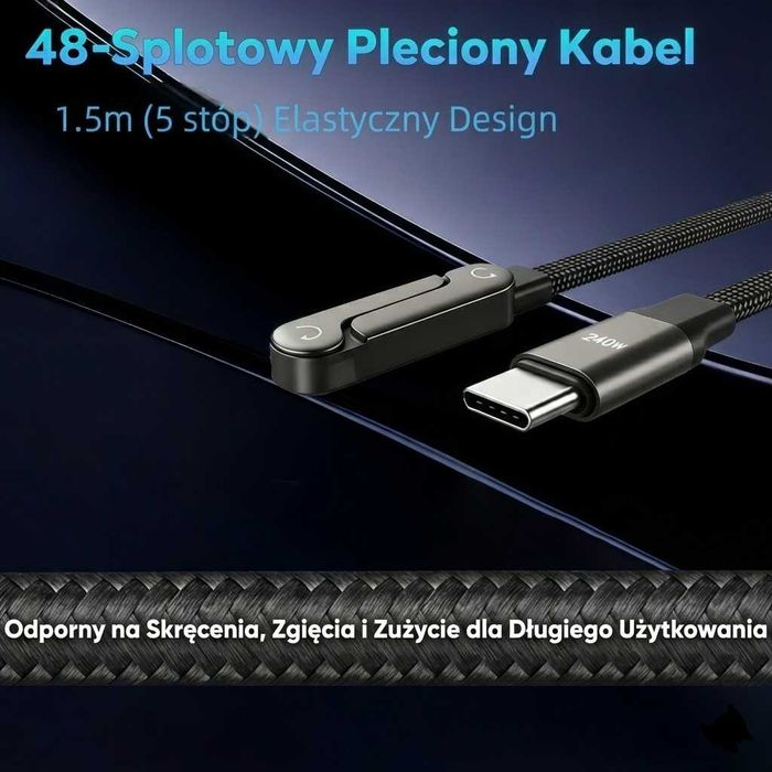 Mocny Kabel USB-C 240W 1,5m Smartfon Laptop Tablet Telefon Podstawka