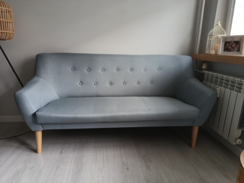 Sofa , fotel, pufa szaroniebieski zestaw