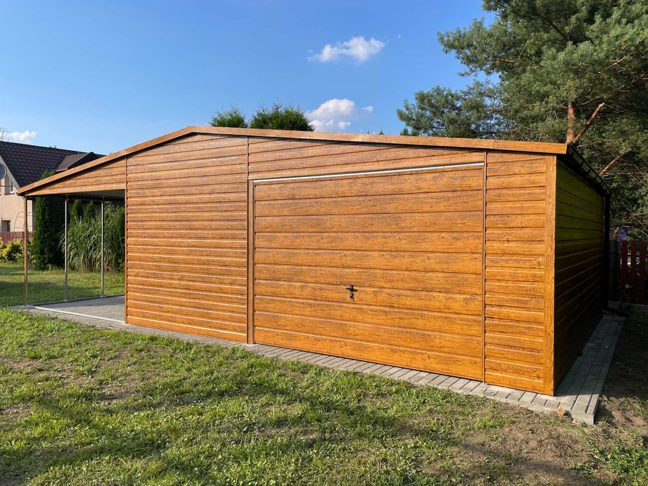 Garaż 6x5 + wiata 3x5, złoty dąb. Profil zamknięty. PRODUCENT.