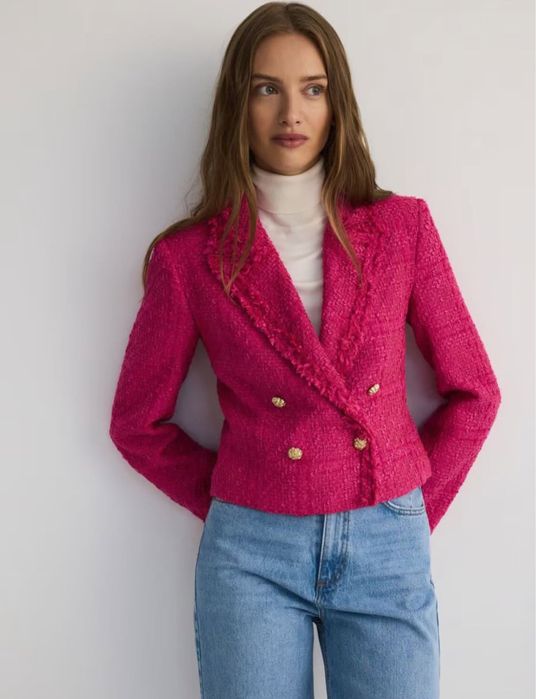 Укороченний двобортовий блейзер із бахрамою Zara / твідовий піджак