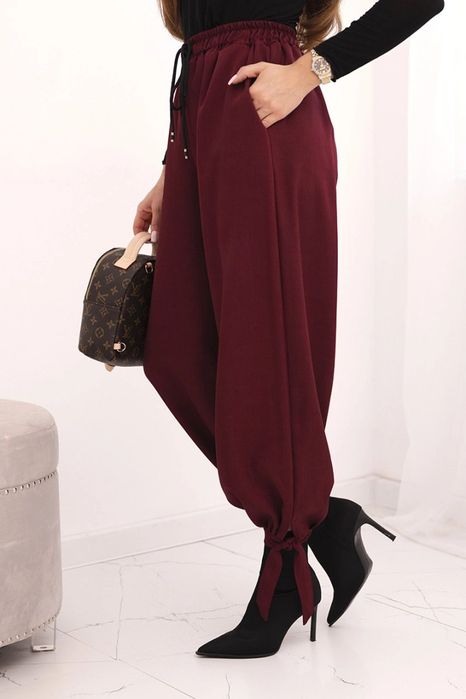 Spodnie damskie szerokie wiązane bordowe elastyczne Włoskie Casual