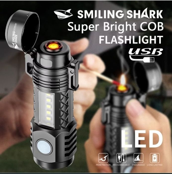 Latarka LED z zapalniczką, 5 trybów, kabel do ładowania.