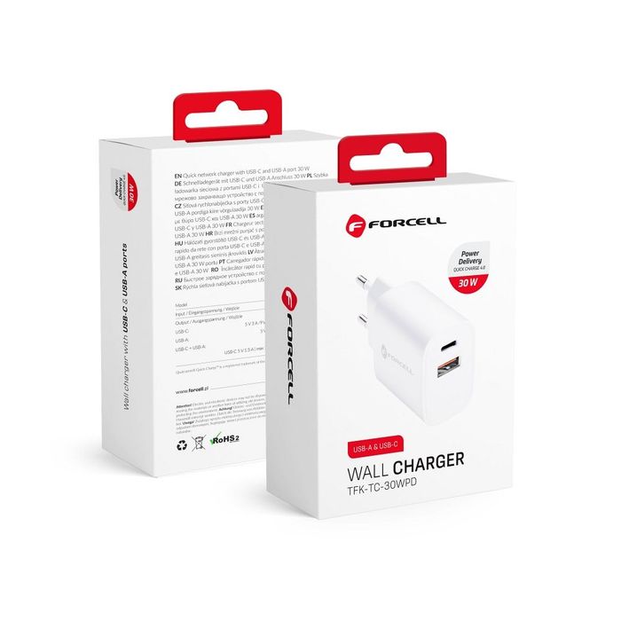 Ładowarka sieciowa do telefonu Forcell F-Energy USB C + USB A QC4.0 PD 3A 30W TFK-TC-30WPD biała