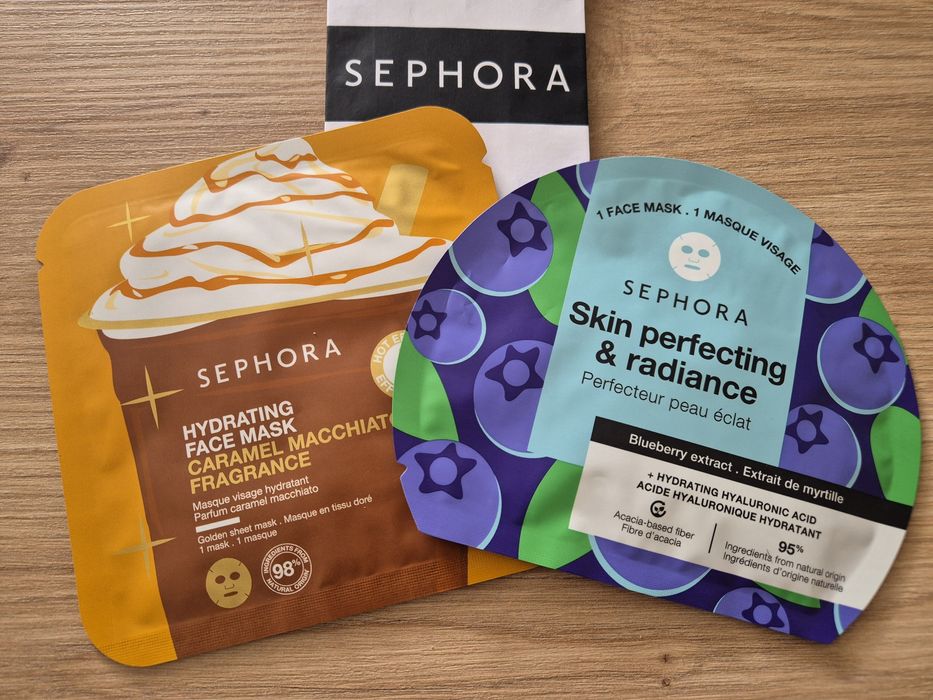 2 maski! Nowe! SEPHORA nawilżające maski w płachcie JAGODA i KARMEL MACCHIATO