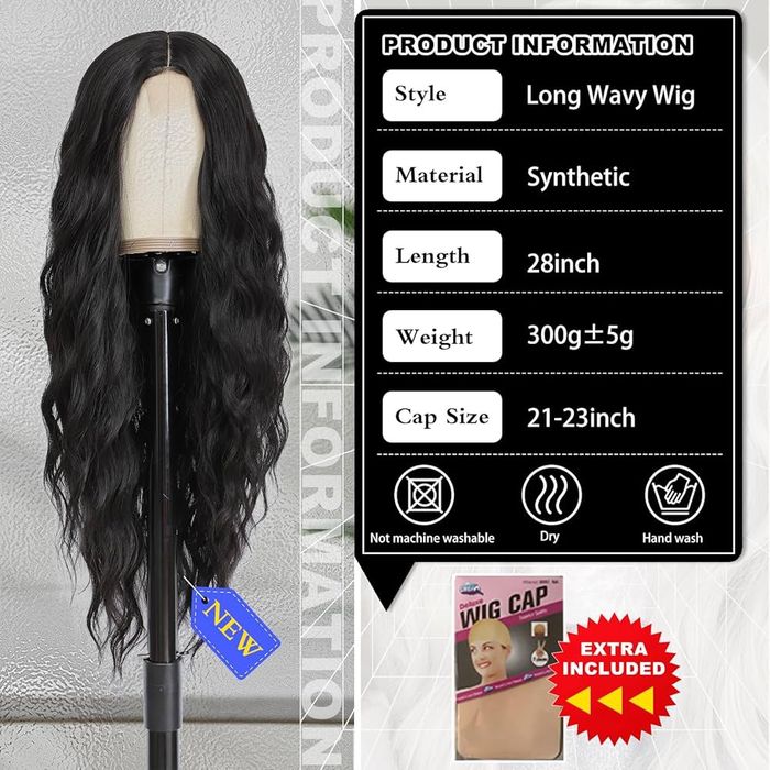 BUPPLER Długa czarna peruka 71cm syntetyczna