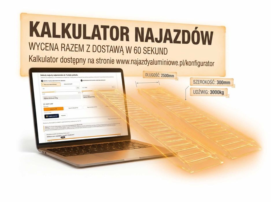 Najazdy Samochodowe Aluminiowe do Lawety, Transportu Samochodów, Koparek, Włoskie Aluminium i Certyfikat CE, Wysyłka Cała Polska, FV i GWARANCJA