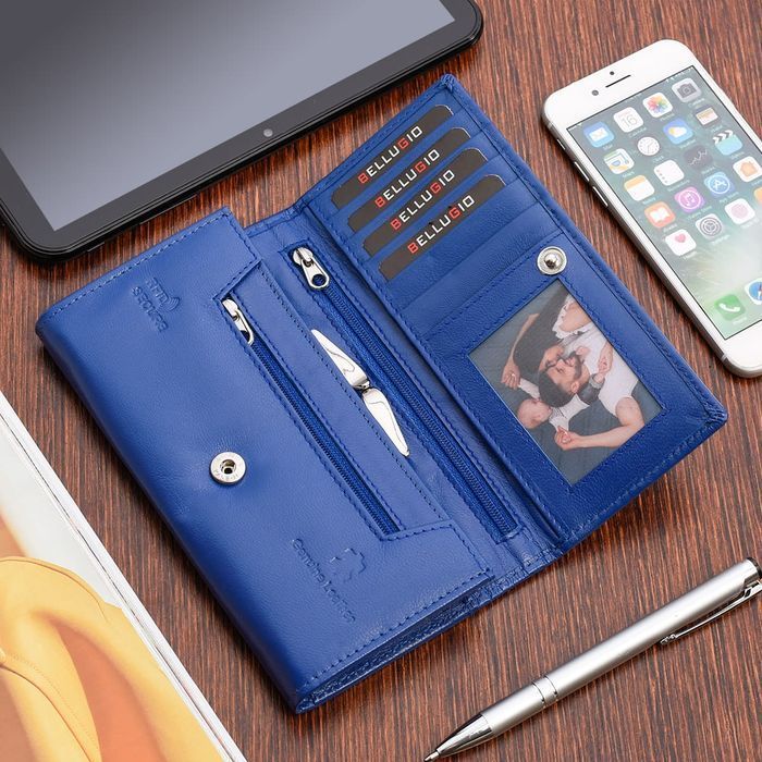 Pojemny portfel damski skórzany niebieski z pudełkiem prezent skóry