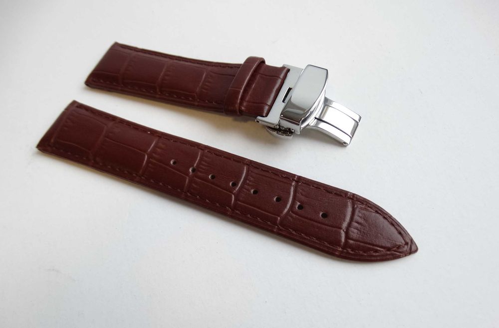 Pasek skórzany do zegarka brązowy 22mm z klamrą zapięciem motylkowym