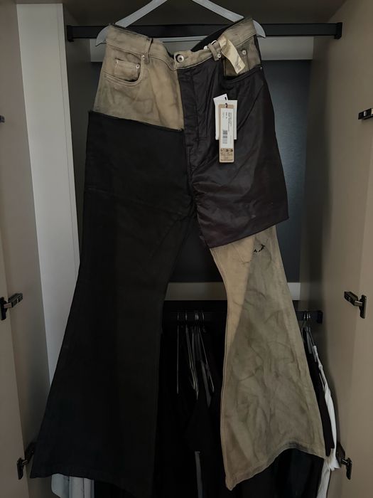 rick owens patched bootcut jeans
