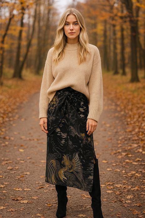 Spódnica Massimo Dutti rozmiar 38, midi, jedwab, czarna we wzory.