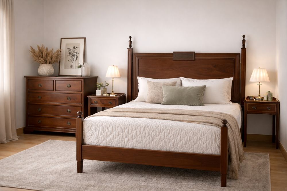 Conjunto de quarto vintage retro (cama, mesas de cabeceira e cómoda)