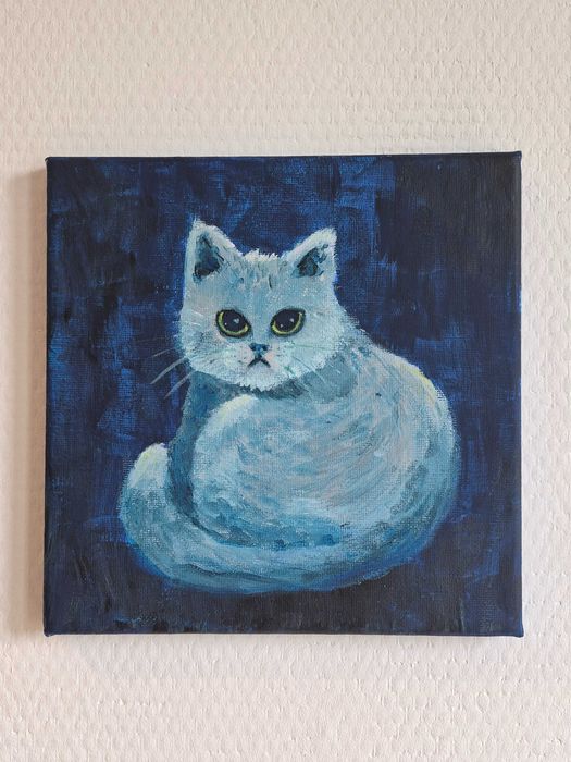 Ręcznie malowany obrazek z kotkiem akryl na płótnie 20x20 cm