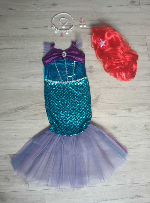 Nowy strój! Syrenka Ariel + PERUKA + biżuteria! r. 134/140