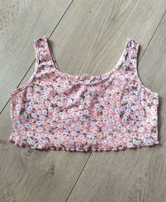 różowy prążkowany crop top w kwiatki XS