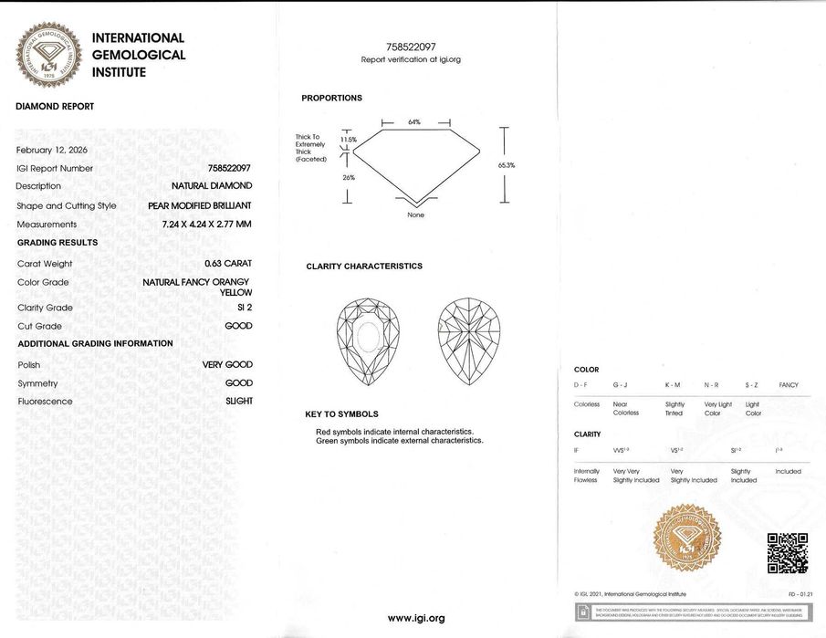Diamante Natural 0.63ct Fancy Orangy Yellow - Certificado IGI