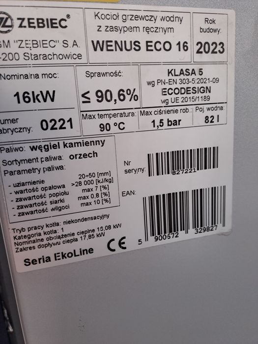 Kocioł, piec ZĘBIEC WENUS ECO 16kw 5 klasa, ecodesign, nowy gwarancja