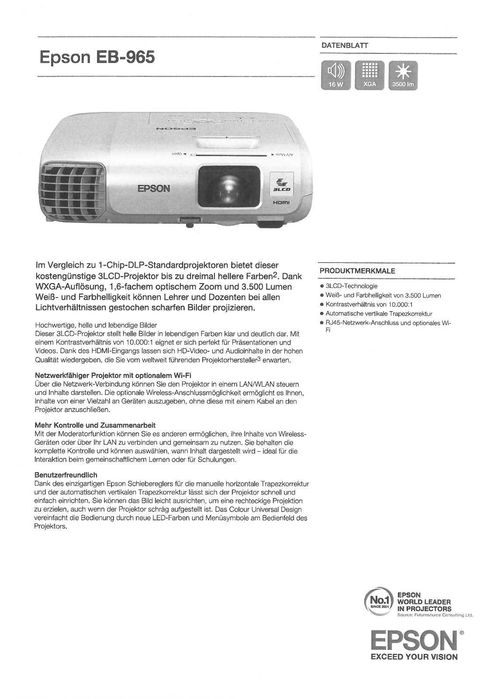 Epson Projector EB-965 (Beamer); 3LCD z LAN (Ethernet)