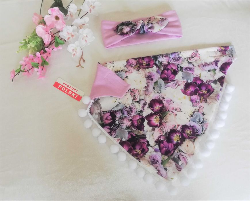 Komplet - hand made - szeroka opaska z kokardką + chusta z pomponami