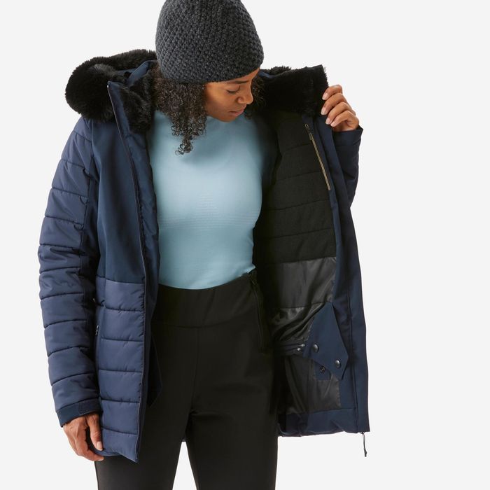 Casaco de ski e snowboard quente meio-comprido Mulher, 100 Azul