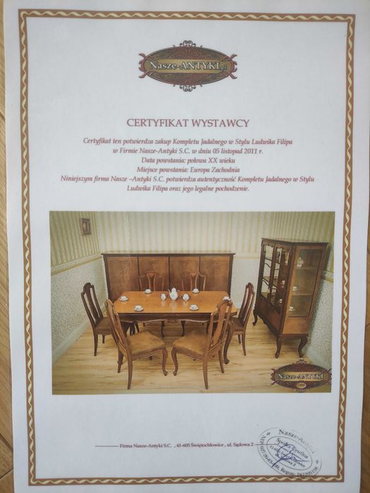 Komplet mebli jadalnia, antyki, stół i krzesła, bufet, witryna.