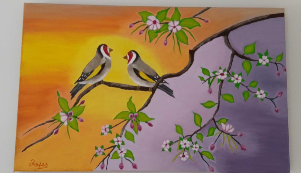 Quadro original a óleo pintassilgos