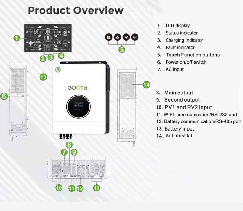 Гібридний інвертор GOOTU JSN-H48102E160-D 10200W 160A MTTP + WiFi