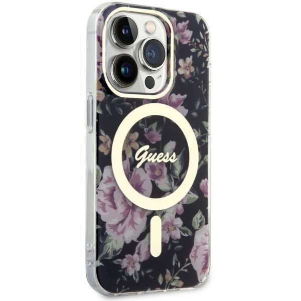 Etui Guess Flower MagSafe na iPhone 14 Pro - czarne