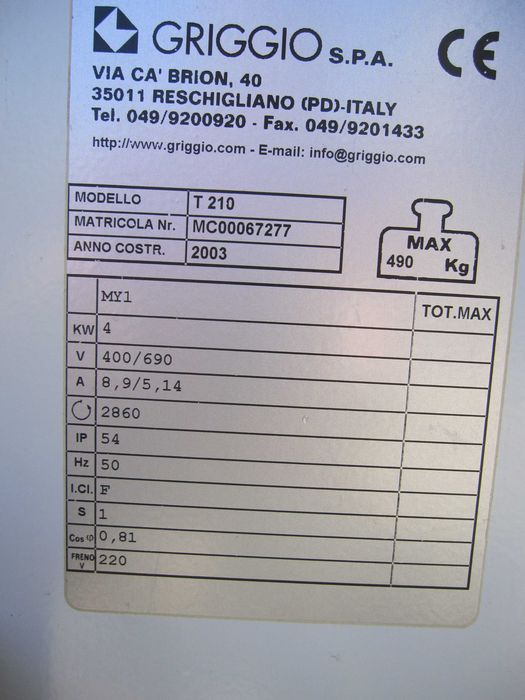 Frezarka dolnowrzecionowa  GRIGGIO T 210 STOLARSKIE