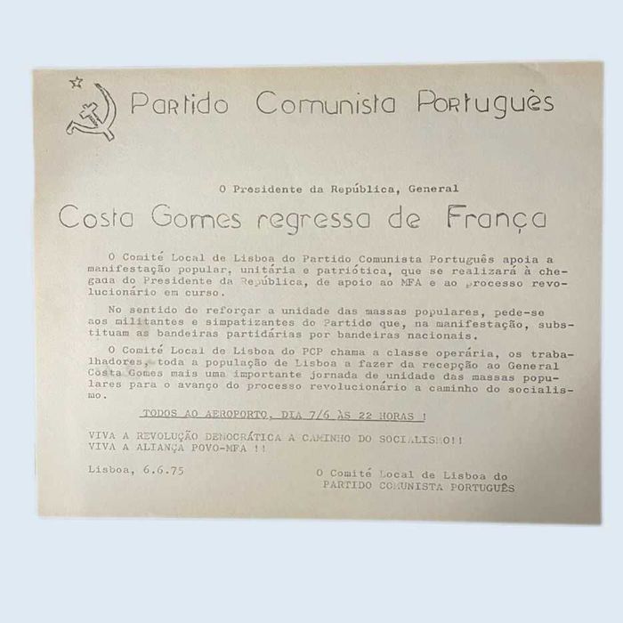 Folheto Costa Gomes Regressa de Franca PCP 1975