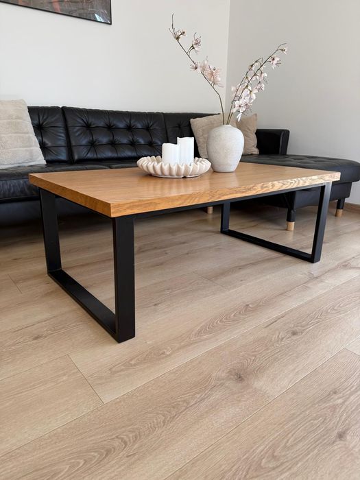 Stolik kawowy ława dębowy fornir lakierowany loft 120x70 masywny metalowy stelaż w kolorze czarnym