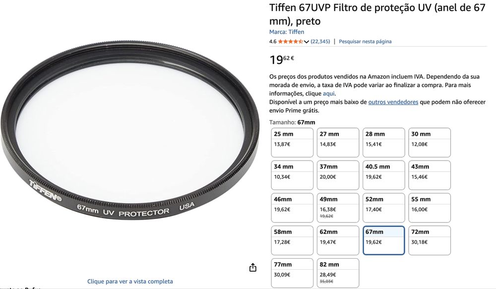 Filtro UV 67mm para objetiva