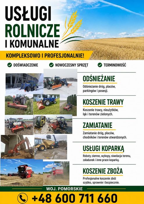 Koszenie zbóż  nie użytków ,odśnieżanie, zamiatanie placów