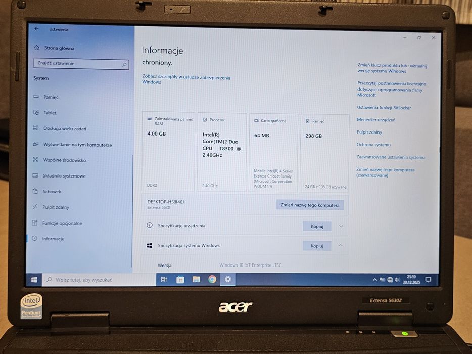 Acer Extensa 5630Z + zasilacz. Intel 2x2.4 GHz, 4gb RAM. Windows/Linux