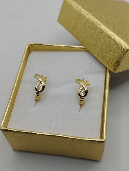 Złote kolczyki kokardki cyrkonia, złoto 585