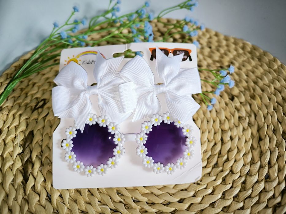 Okulary białe przeciwsłoneczne kwiatuszki + dwie kokardy do włosów