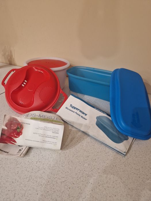 zestaw pojemników tupperware do gotowania ryżu i makaronu w mikrofali