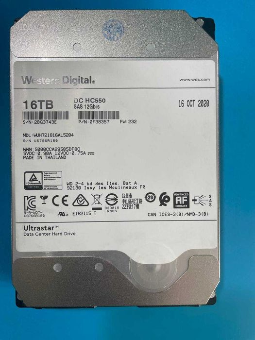 SAS Hdd 16TB Гелій WD Ultrastar DC HC550 WUH721816AL5204 SAS 12Gb/s Б/у серверний