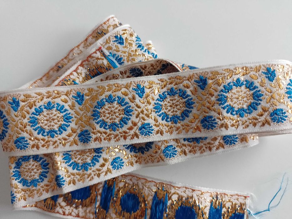 Taśma żakard 3cm złoto i chaber piękna 2m