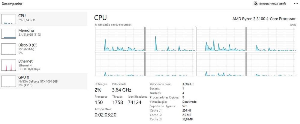 PC Ryzen3 3100 com 32GB DDR4 2x16GB SSD 256GB Nvidia GTX1060 6GB 398€