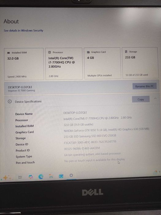 Dell Inspiron 7567 i7-7700HQ/ ram 32 gb/ ssd 250
