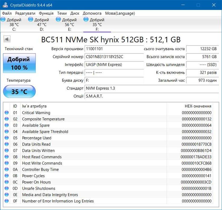 512gb Hynix BC511 nvme 2230 m2 (100% здоров'я) steamdeck