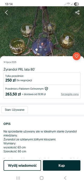 Miedziany zyrandol lata 80