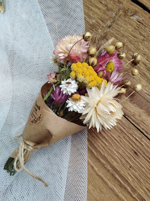 Podziękowanie, upominek, bukiecik mini z suszonych kwiatów, boho.,rust