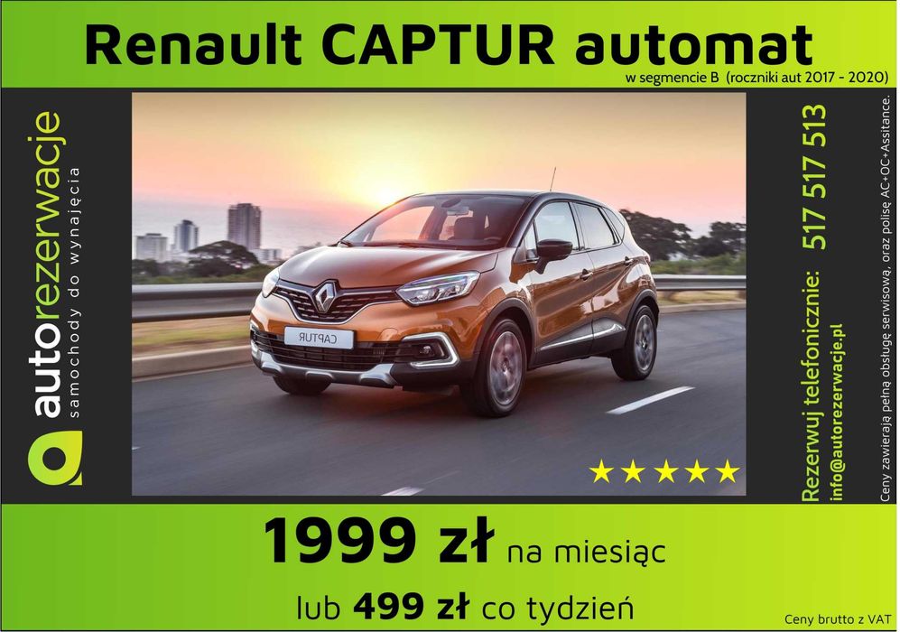 Wynajem wypożyczenie samochodów/aut za 1299 za 30 dni lub 335 co 7 dni