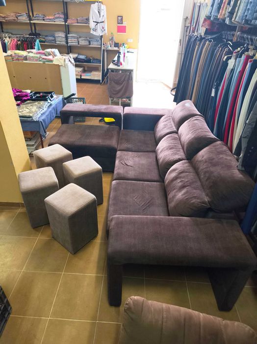 Sofá vintage castanho c/chaise long + 4 bancos incluídos