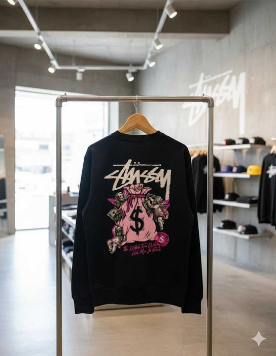 Черный Свитшот Stussy Money Angel - Толстовка Базовая Анегл Деньги
