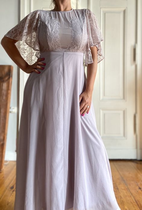 Asos piękna suknia świadkowa druhna liliowa koronka długa wesele nowa