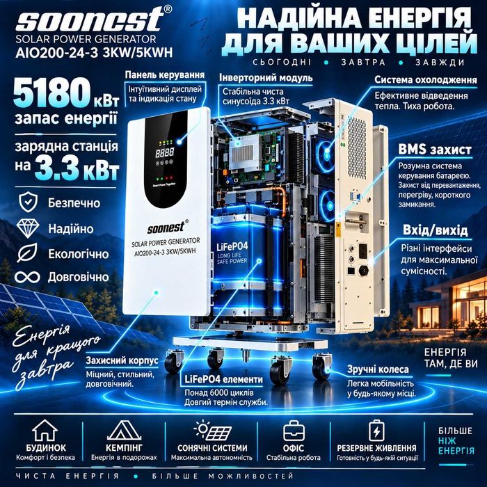 Комплект резервного живлення зарядна станція 3300w 5120wh lifepo4 oukitel p1000e plus power station зарядная станция soonest 5,12 кВт 25.6V-200Ah акум