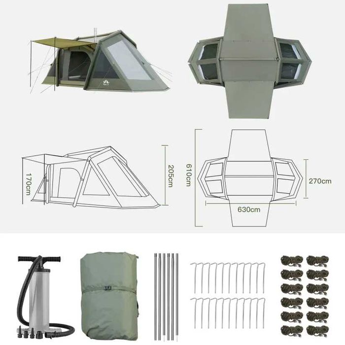 Tenda campismo insuflável 8 pessoas, 6.30m - montagem 2/3 minutos